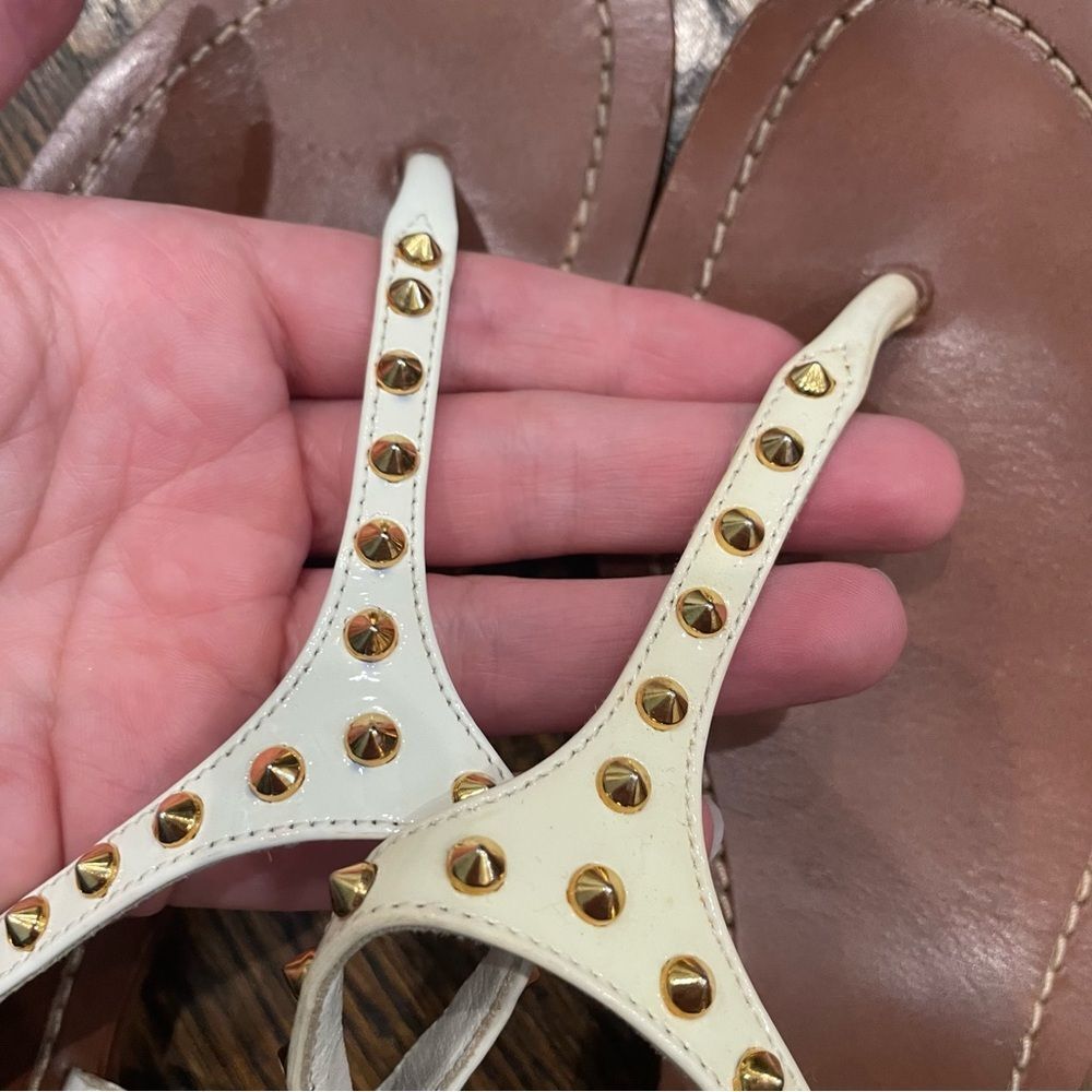PRADA White Patent Leather Gold Studded Sandals - Picture 6 of 14